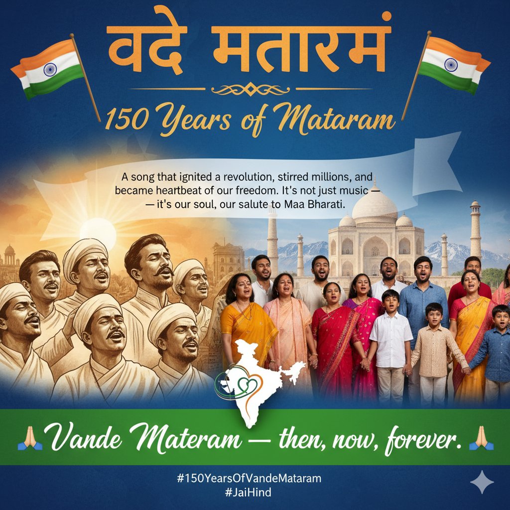 KmrPMPEU's tweet photo. A song that ignited a revolution, stirred millions, and became the heartbeat of our freedom.
It’s not just music; it’s our soul, our salute to Maa Bharati.
Vande Mataram 🙏 then, now, forever. 🙏
#150YearsOfVandeMataram #JaiHind
@PMOIndia @HMOIndia @OfficeOfLGJandK https://t.co/PfhOzxk7nh