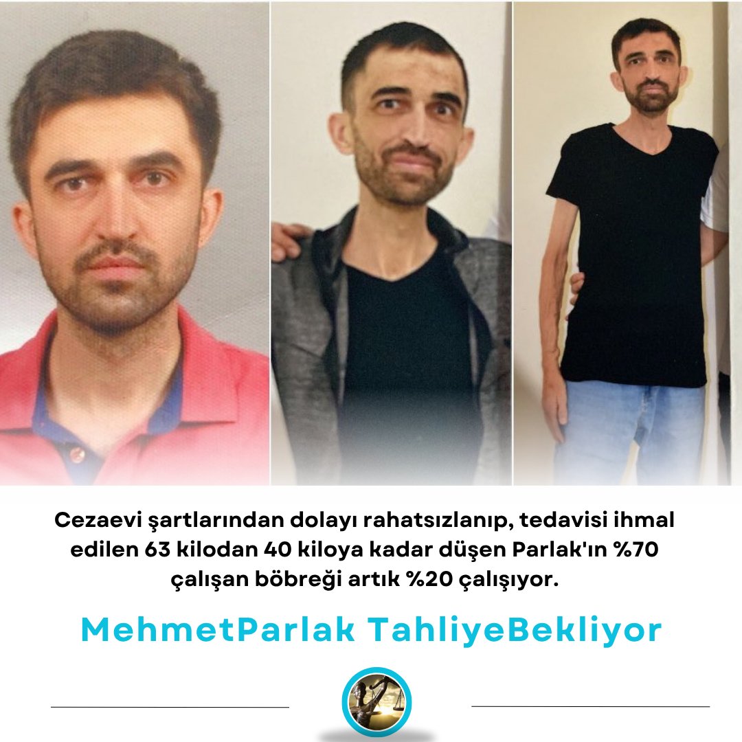 KHK’lı Mehmet Parlak’ın tek böbreği %20 çalışıyor, kilosu 40’a düştü. Cezaevinde tedavi ve hijyen yok. Hastalığı hızla ilerliyor, yaşamı tehlikede. Kanun gereği acil tahliye edilmesi gerekiyor.
<a href="/memduhtv/">memduh bayraktaroğlu</a>
MehmetParlak TahliyeBekliyor
