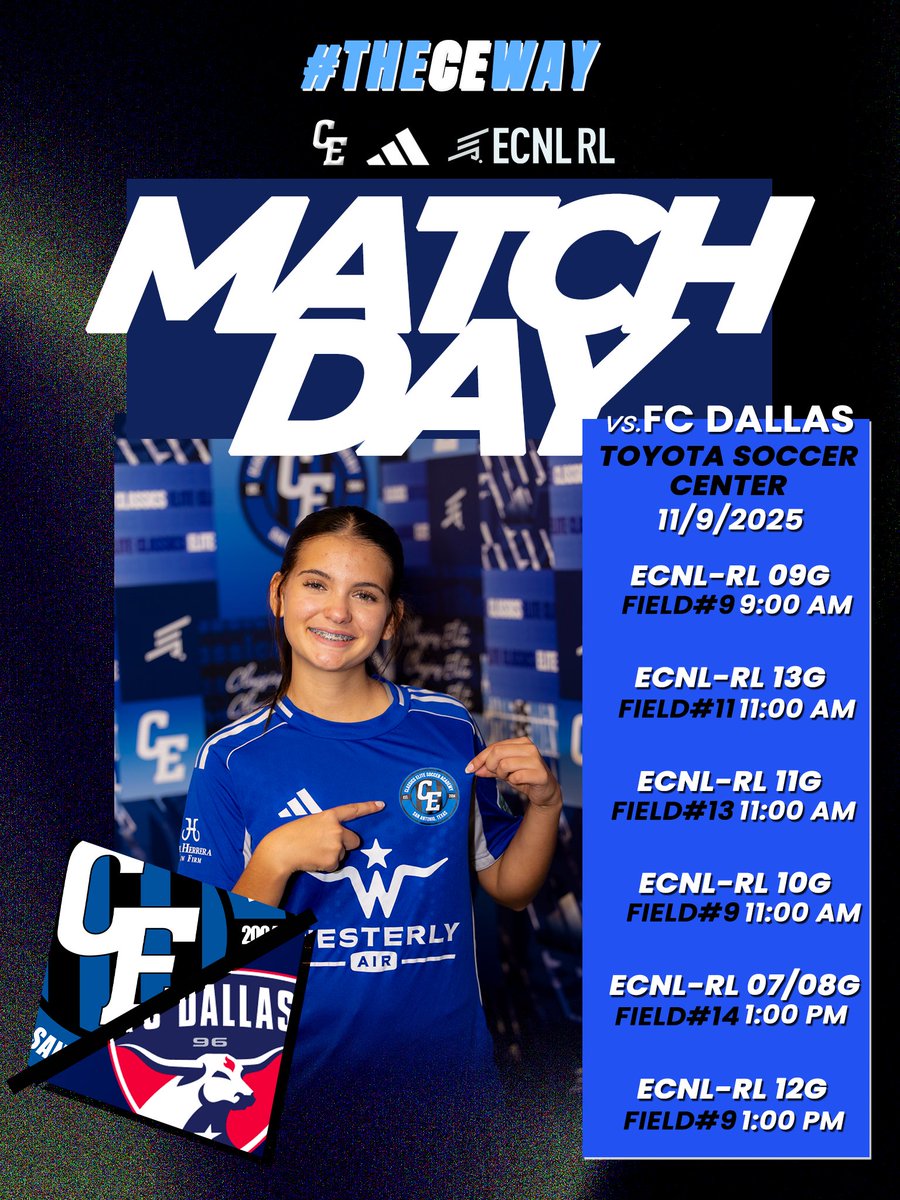 ClassicsEliteSA's tweet image. 🚗 ROAD TRIP WEEKEND! 🚗 CE ECNL-RL hits the road for two big matchups!

⚽ Saturday 11/8: Pit Stop #1 vs Sting Royal

⚽ Sunday 11/9: Pit Stop #2 vs FC Dallas

Join us on the journey and support our girls!

#theCEway #ECNLRLseason #ironsharpensiron