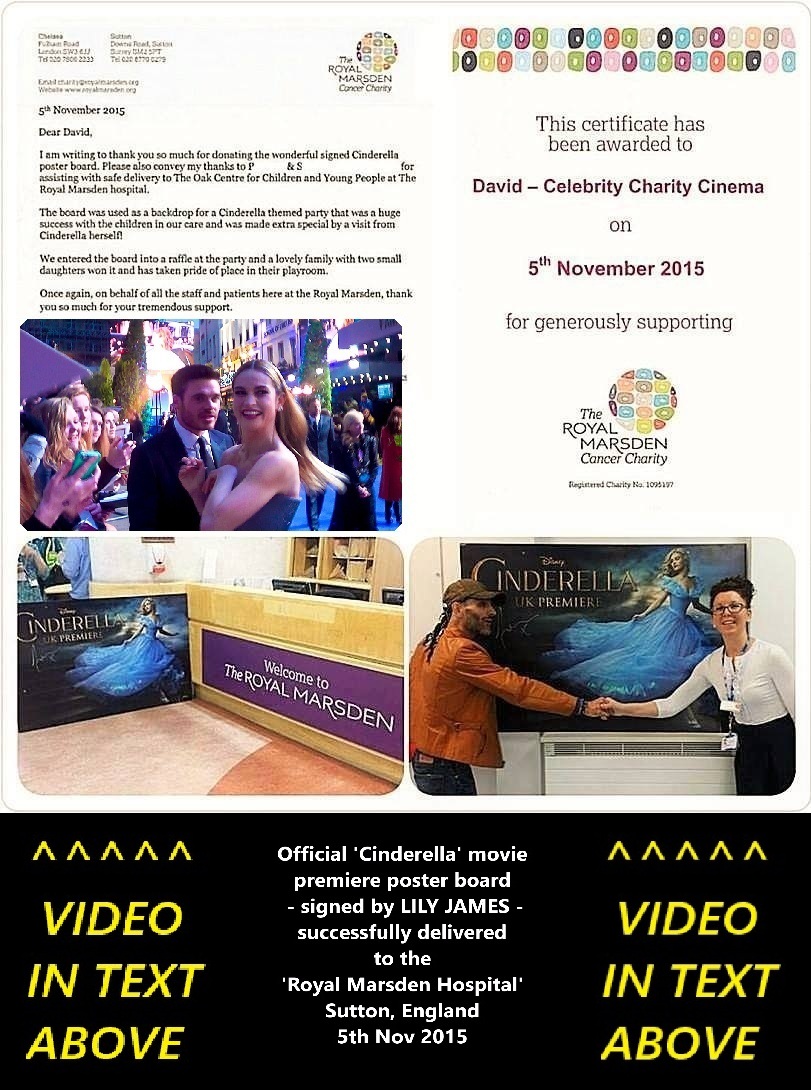 Video here> youtu.be/6_XVnnXWkjM /*10th anniversary!* - LILY JAMES ⭐ signed Cinderella 💙💛 premiere poster board is donated to the Royal Marsden Cancer Charity 💜 <a href="/royalmarsden/">The Royal Marsden Cancer Charity</a> 🤍 charity (5/11/15) #RoyalMarsden #LilyJames #LilyJamesCinderella #CinderellaPremiere 💛💙