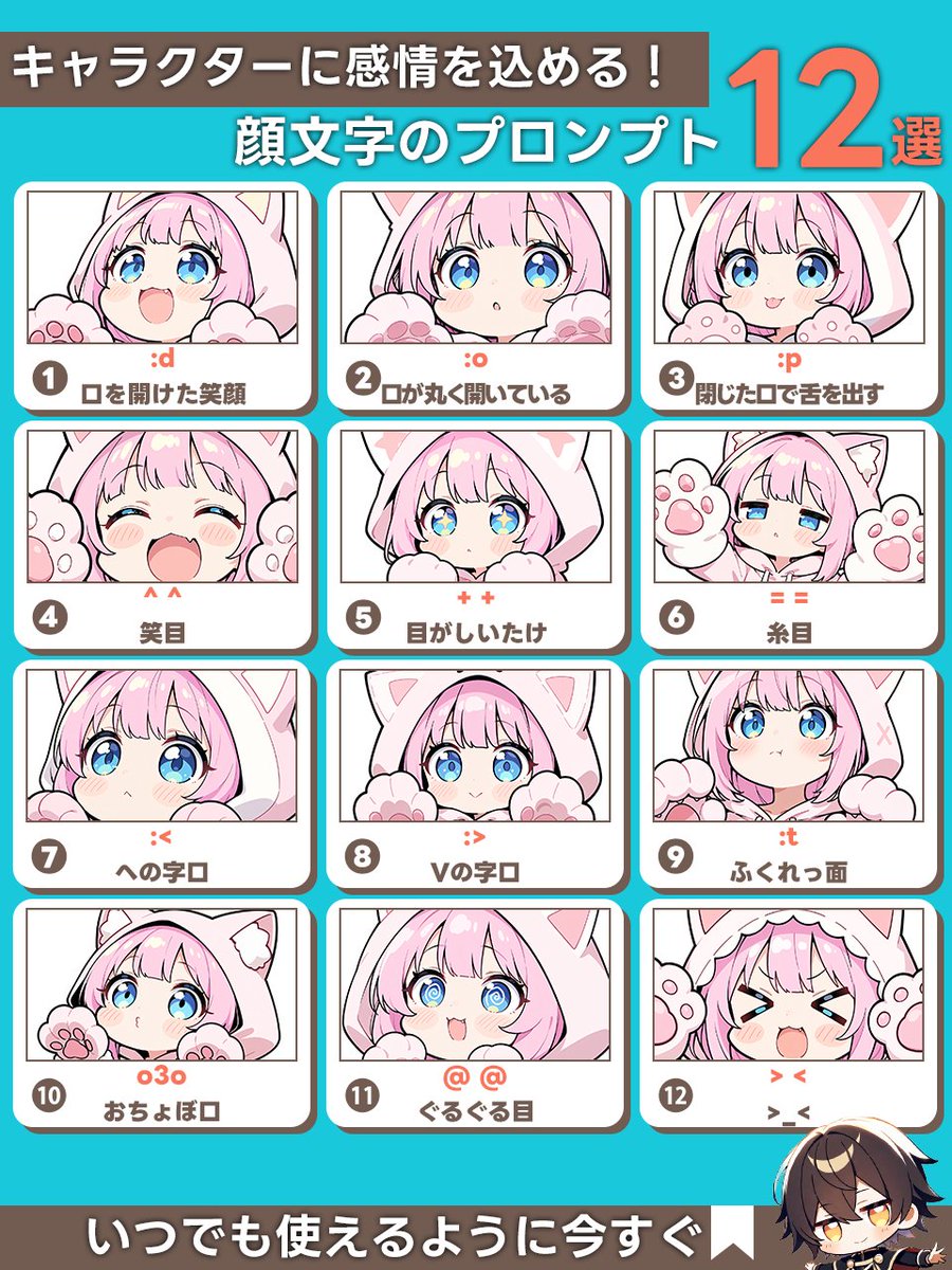😺キャラの表情って、
 ちょっとした顔文字だけでも、空気感ぜんぜん変わるよね！

でも「顔文字風の表情」ってプロンプトでどう伝えるのか、
意外と迷う人も多いはず

そこで今回は、
 よく使う顔文字風のプロンプト12選を図解にしてまとめてみたよ

✨