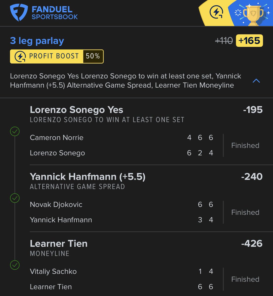 🎾 Mixed Bankroll Builder Cash @TrophiesDiscord 🏆

✅ Lorenzo Sonego +1.5 Sets
✅ Yannick Hanfmann +5.5 Games
✅ Leaner Tien ML
🚀 (+165) 💎

LFGGG 💰

#GamblingX | #HellenicChampionship | #MoselleOpen