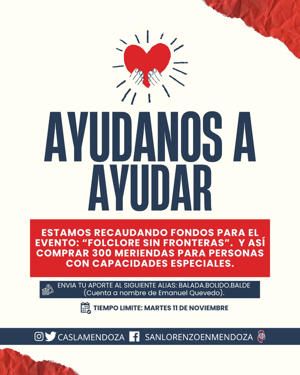 🫂Desde la peña nos sumamos a una nueva acción solidaria: donar 300 meriendas en el evento Folclore sin Fronteras.

Te invitamos a ser parte de esta movida, cada ayuda suma y nos acerca al objetivo. 💙❤

#SlFederal🇦🇷
#SomosSanLorenzoEnMendoza🏔
#MasQue90Minutos 💙❤