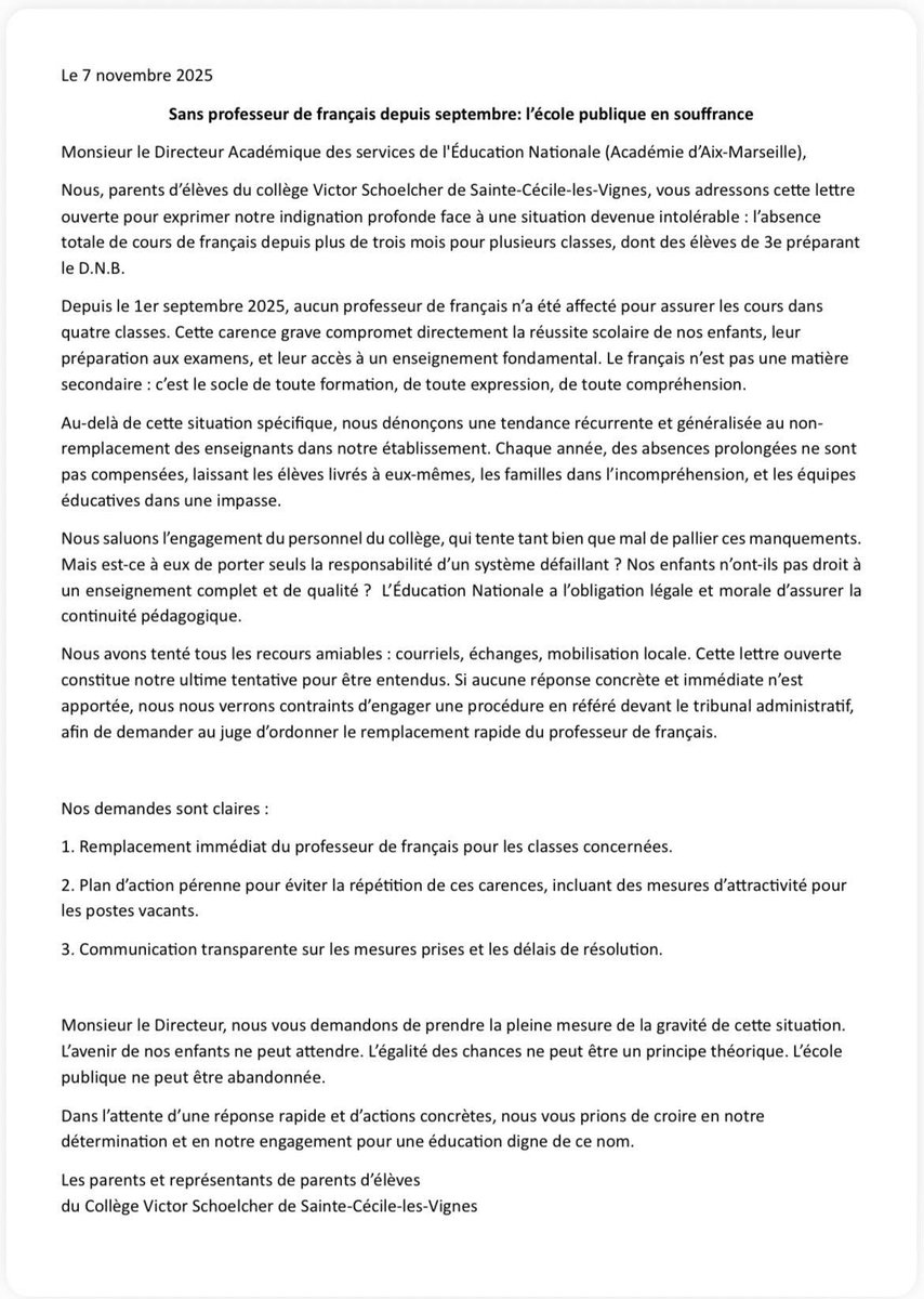 Les parents d'un collège du Vaucluse se mobilisent suite au non remplacement d'un prof de français ⤵️