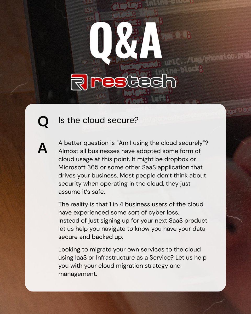 RestechInfo's tweet image. “Is the cloud secure?” ☁️ It’s a question we get all the time — and for good reason. As more businesses move to the cloud, knowing your data is protected is key. 🔐

Learn more at restech.net

 #Restech #CloudSecurity #CyberProtection #ITSolutions #DataSecurity