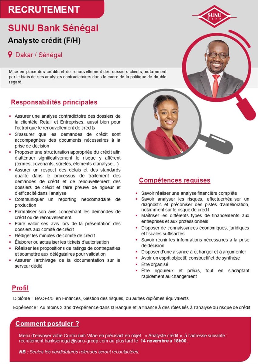 SUNU Bank Sénégal recrute :
· Un (01) Analyste crédit (F/H)

Date limite : Vendredi 14 novembre 2025
Merci d'envoyer votre candidature à l'adresse : recrutement.banksenegal@sunu-group.com

#recrutement