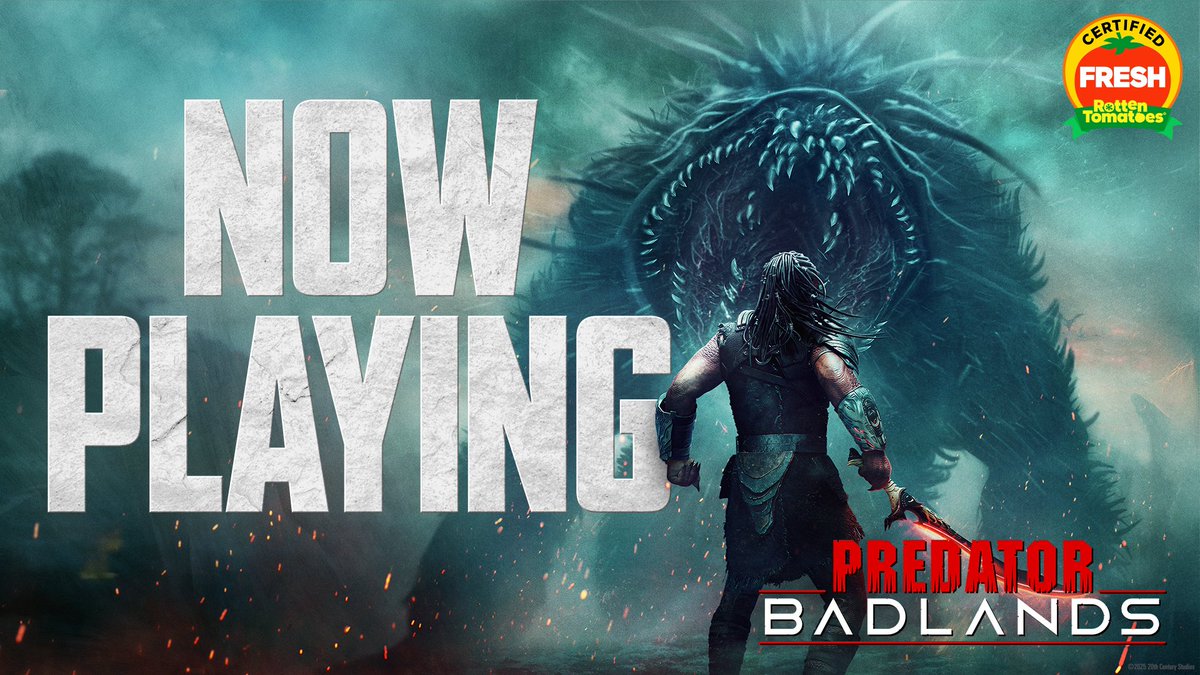 Predator's tweet image. The wait is over. Predator: Badlands is now playing only in theaters. Get tickets now: Fandango.com/PredatorBadlan…