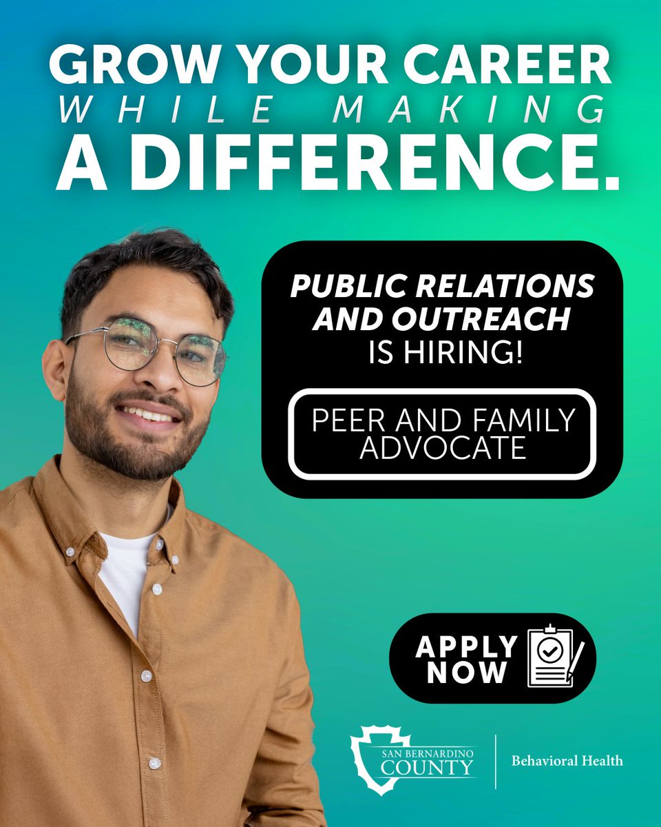 sbcdbh's tweet image. We’re hiring! 📣 DBH Public Relations &amp;amp; Outreach is looking for a Peer and Family Advocate! Apply today: link.sbcounty.gov/XdOqqvP