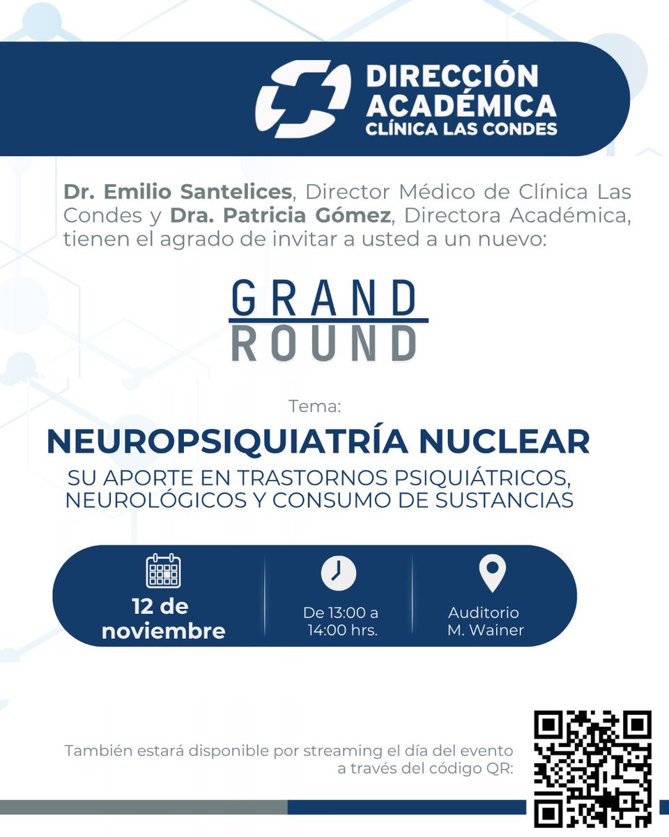 La Dirección Académica de la Clínica Las Condes invita a la presentación del libro "Atlas de SPECT Cerebral en Psiquiatría y Neurología", con la participación de nuestra directora, Dra. Anneliese Dörr.

🗓️ Miércoles 12. 
🕐 De 13:00 a 14:00 hrs.
🔗 Link: meet.google.com/nrz-xbbe-vkv