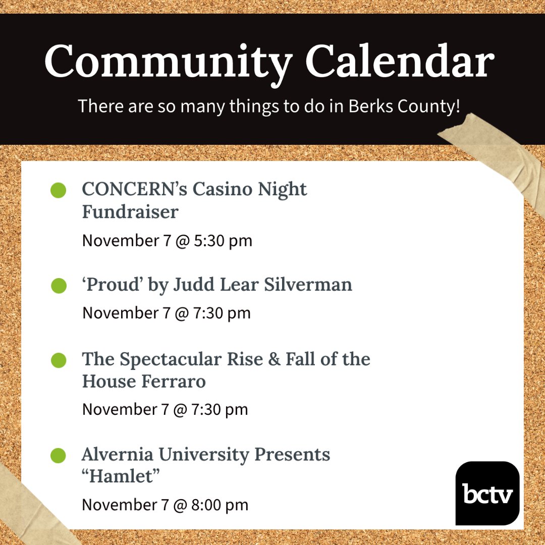 This weekend, in and around Berks County, watch local talent in action, place your bets on a great cause, and more! Visit bctv.org/calendar for more local happenings — and to add yours to our community events calendar for free! 🗓📌✨