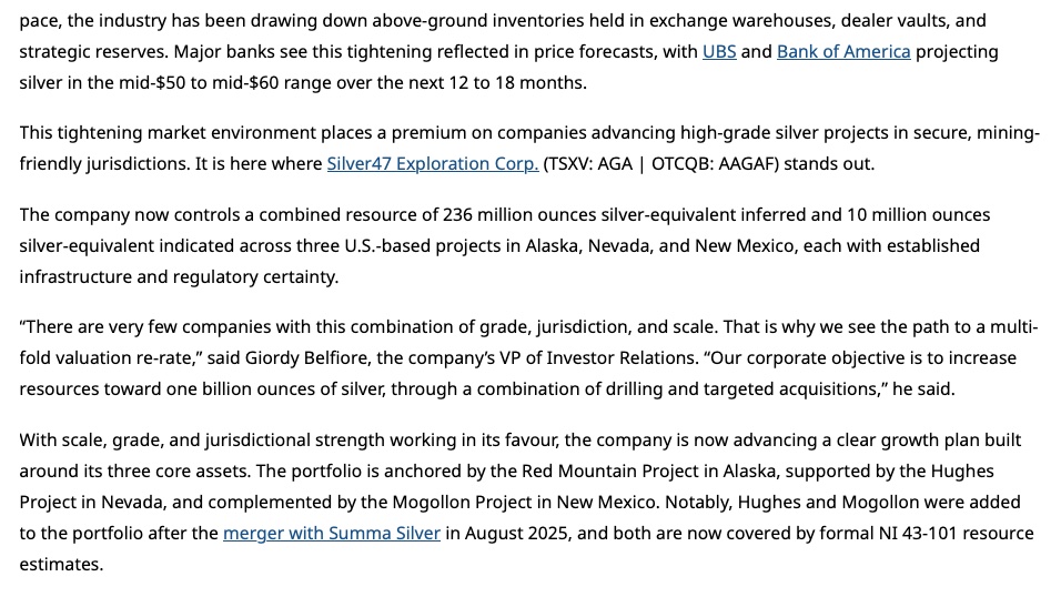 Silver47co's tweet photo. In this sponsored article, our VP Investor Relations Giordy Belfiore is quoted: “There are very few companies with this combination of grade, jurisdiction, and scale. That is why we see the path to a multi-fold valuation re-rate...” $AGA.V $AAGAF → https://t.co/Dw7uYdsu6W https://t.co/vFd7yZ7gg9