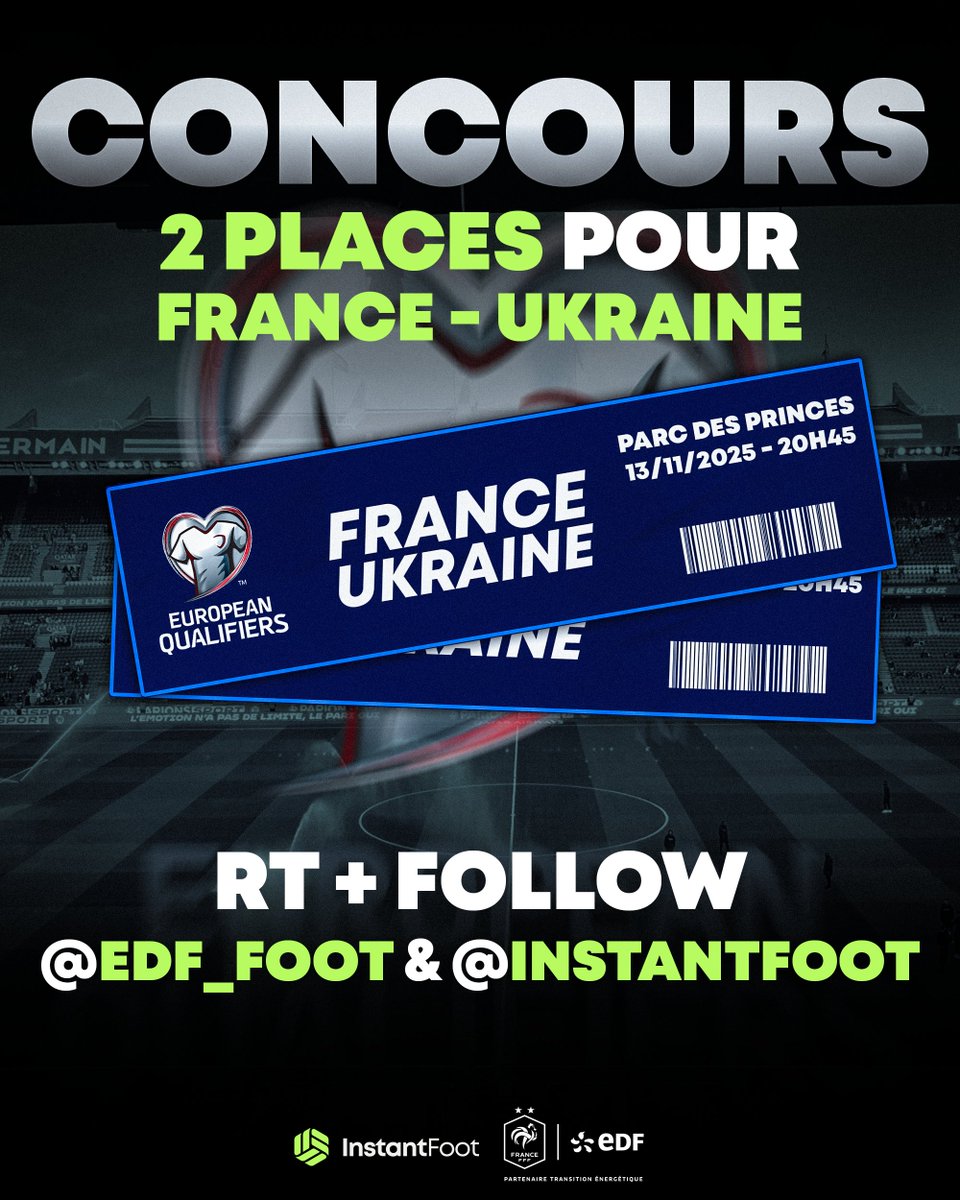 🚨🎁 RT + FOLLOW <a href="/EDF_Foot/">EDF Foot</a> pour tenter de gagner 𝟮 𝗣𝗟𝗔𝗖𝗘𝗦 pour France-Ukraine du jeudi 13 novembre au Parc des Princes. 🇫🇷⚔️🇺🇦

Tirage au sort mardi 11/11 prochain. 🎟️🎟️