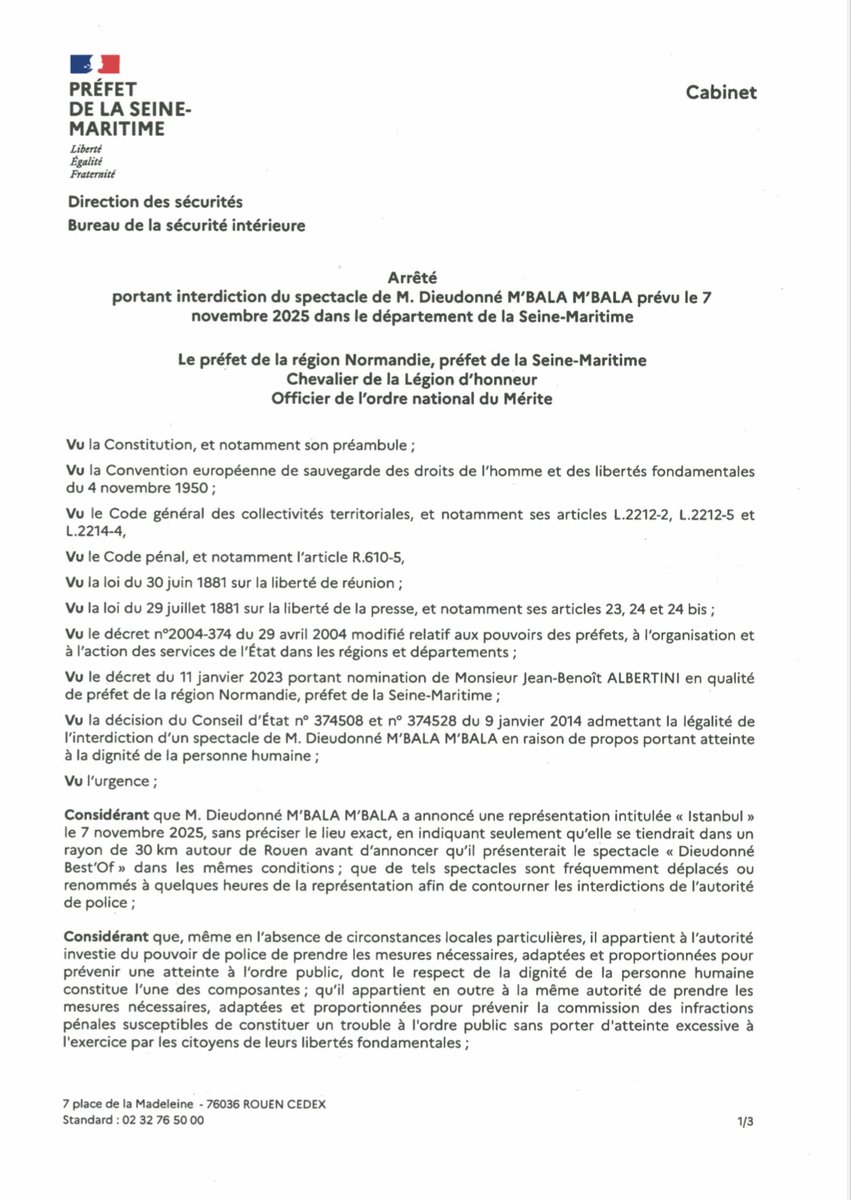 MbalaDieudo's tweet image. cela fait 6 arrêtés préfectoraux en 2 jours pour un spectacle comique du jamais vu!!! Et pourtant je vous assure qu’il y aura spectacle d’une façon ou d’une autre.Merci à mon public de me suivre malgré les difficultés.Il va falloir être mobiles et réactif.dieudosphere.com