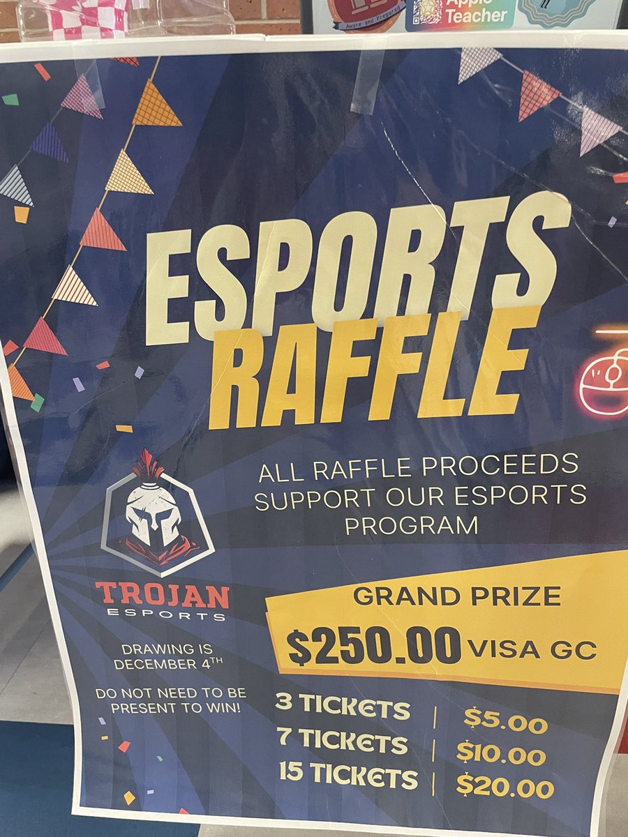 #TrojanEsports is now selling Raffle  tickets for its fundraising event on Dec 4th.  Tickets will be sold that night or during Wednesday lunch periods and Friday advisory period.  You can also buy from Coach Mahoney or HS office. Thank you for your support!