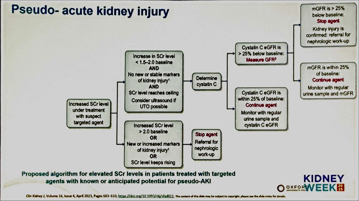 💥💥Pseudo-AKI = aumento de Crs sin lesión renal real.
🔍 Confirmar con Cistatina C o GFR medido.
🚫 Suspender el agente solo si hay caída real del filtrado.
Evita interrumpir terapias efectivas innecesariamente #KidneyWk