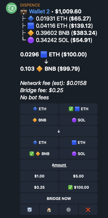 DispenceCash's tweet image. 🚀 Bridge Update

You can now swap ETH &amp;lt;-&amp;gt; SOL &amp;lt;-&amp;gt; BNB seamlessly across all four major networks.

Access bridging via /bridge in the bot.