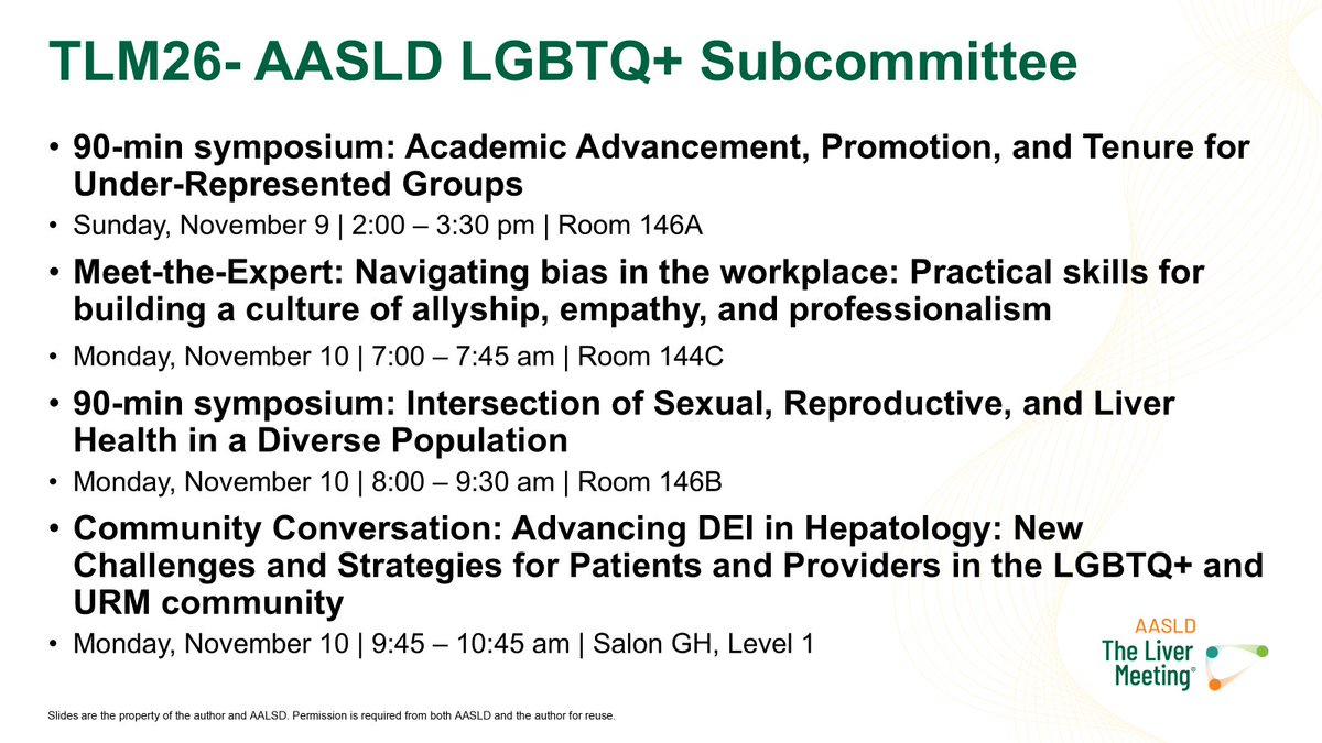 HowardTLeeMD's tweet image. Hi #LiverTwitter! 
Please join us at these🔥🔥sessions organized by @AASLDtweets🏳️‍🌈🏳️‍⚧️#LGBTQ+ subcommittee and our partners at #TLM25🙌

🙏to the support from @AASLDPresident, #DEI #WIE #APP commcommittees,  #HCV SIG, and ALL of you! 

@bcm_gihep #LiverX #RepresentationMatters
