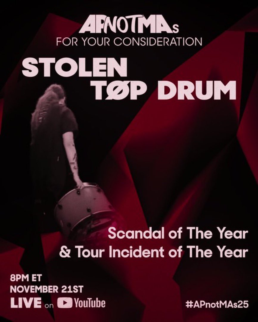 it’s my honor to launch the official campaign poster for drumgate to win scandal &amp; tour incident of the year at the #APnotMAs25 !!!! the link to vote is in the replies !!!!