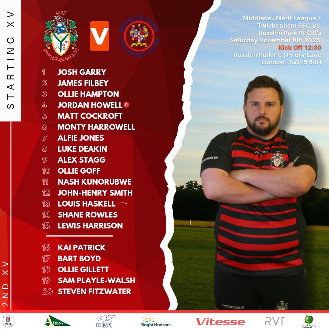 SATURDAY'S SQUAD🚨

An early kick-off away for the Twickenham Tigers [2nd XV] this weekend as they face Rosslyn Park B's. The 1st XV face Ellingham &amp; Ringwood at home down at Parkfields. Both games will be tough so make sure to get down and support the boys. 🔴⚫️💪