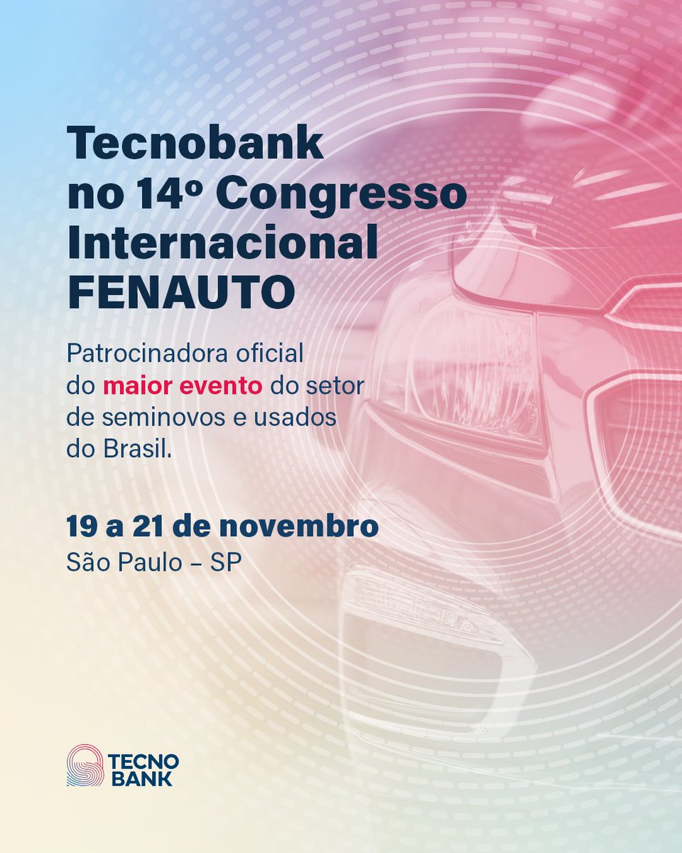 A Tecnobank é patrocinadora oficial do 14º Congresso Internacional FENAUTO, o maior evento do setor de seminovos e usados do país.

De 19 a 21/11, em São Paulo, nosso time estará junto a quem faz o crédito automotivo girar.

#FENAUTO2025 #Tecnobank #Inovação #TransformaçãoDigital