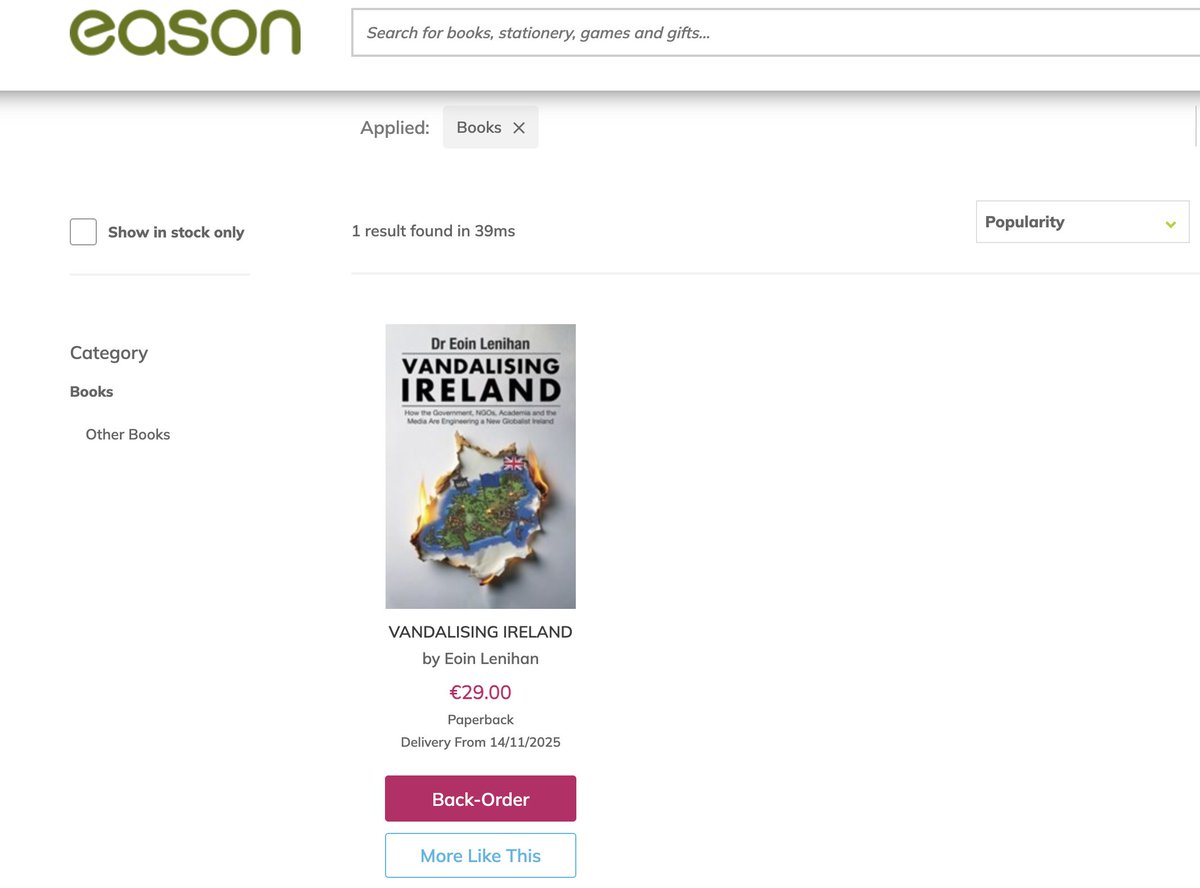 🚨 Call to Action 🚨

Everyone on here has been unbelievable in forcing Vandalising Ireland into the mainstream. I have one more big favour to ask. 

Easons are now listing it on their website for order. This is an important step. But we need it on bookshelves in their shops so