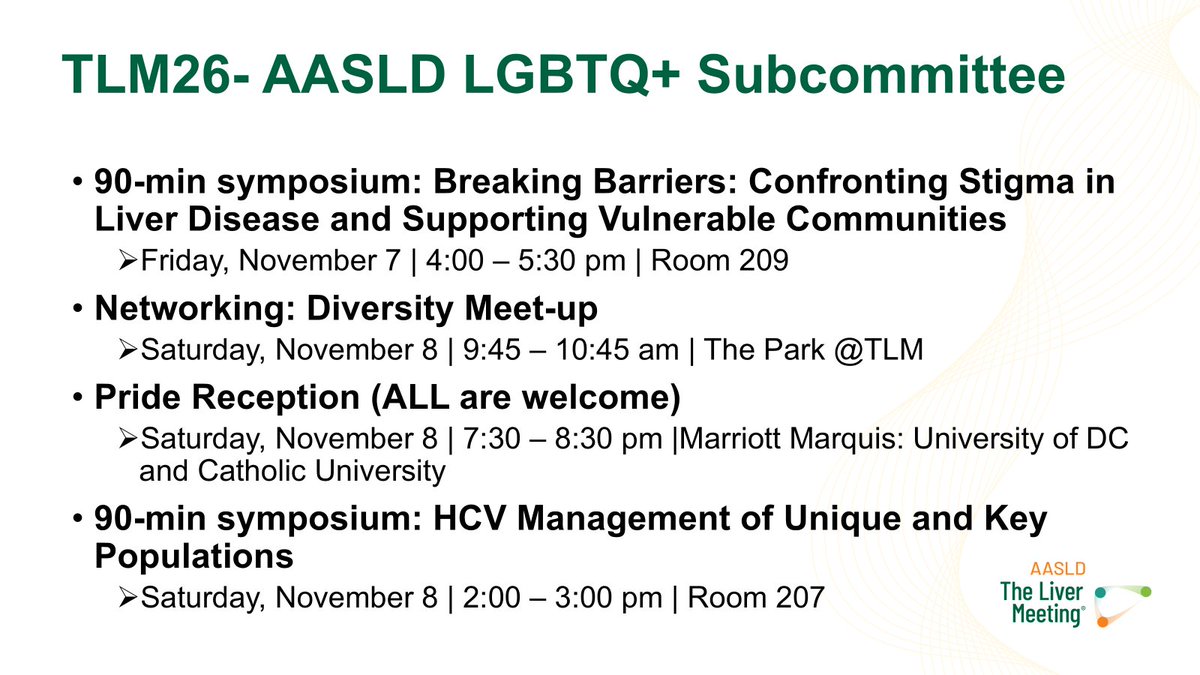 HowardTLeeMD's tweet image. Hi #LiverTwitter! 
Please join us at these🔥🔥sessions organized by @AASLDtweets🏳️‍🌈🏳️‍⚧️#LGBTQ+ subcommittee and our partners at #TLM25🙌

🙏to the support from @AASLDPresident, #DEI #WIE #APP commcommittees,  #HCV SIG, and ALL of you! 

@bcm_gihep #LiverX #RepresentationMatters