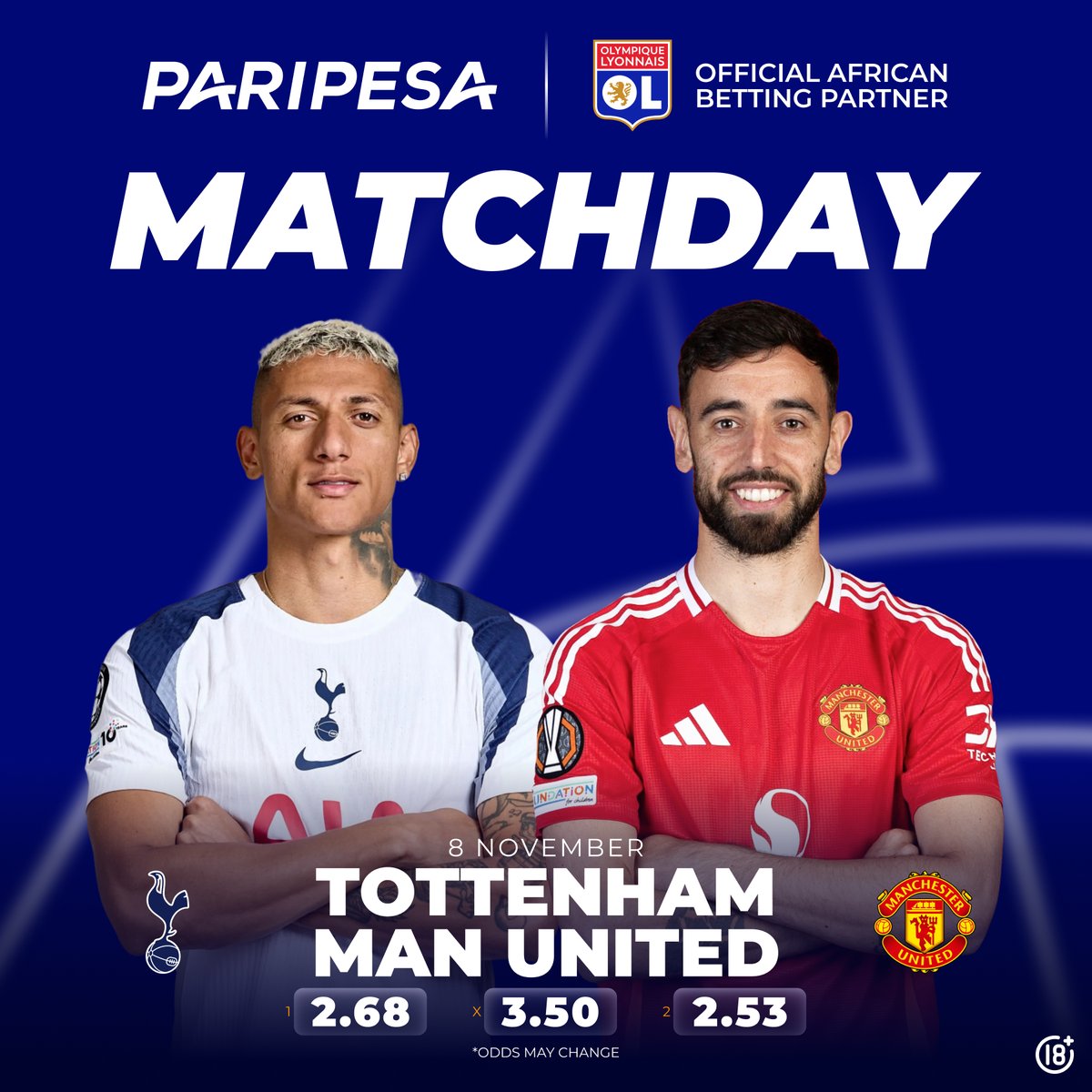 ⚔️ MATCHDAY: Spurs vs Man United! 🔥

Big night in London! 🇬🇧 
Spurs return home after a 4–0 win over Copenhagen — can they fix their shaky league form? United are unbeaten in their last 4. Expect goals tonight! ⚽️

💬 Who’s your pick?
🎯 Bet smart with PariPesa: