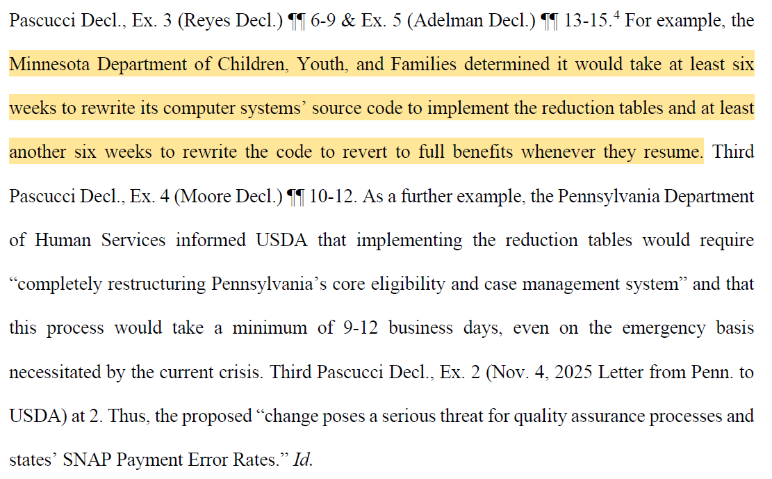 Minnesota: You can't cut our SNAP benefits because it will take us 6 weeks to change "100%" to "65%" in our payment system.