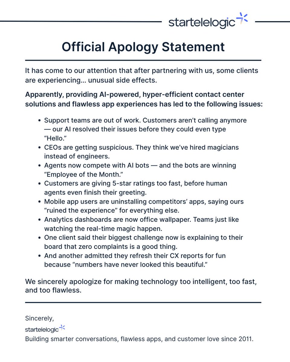 StarTeleLogic's tweet image. Apologies for being too efficient. Our AI doesn’t know how to chill. 😎

#AutomationGoneRight #startelelogic #officialapology