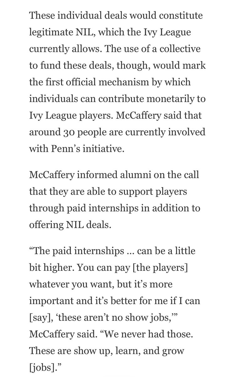 Penn men’s 🏀 now has an NIL collective.

Alumni are also being encouraged to provide players with internships.

Unlike NIL deals, internships don’t have to be reported to the CSC.

Ivys could be big players in this space with the resources they have available.