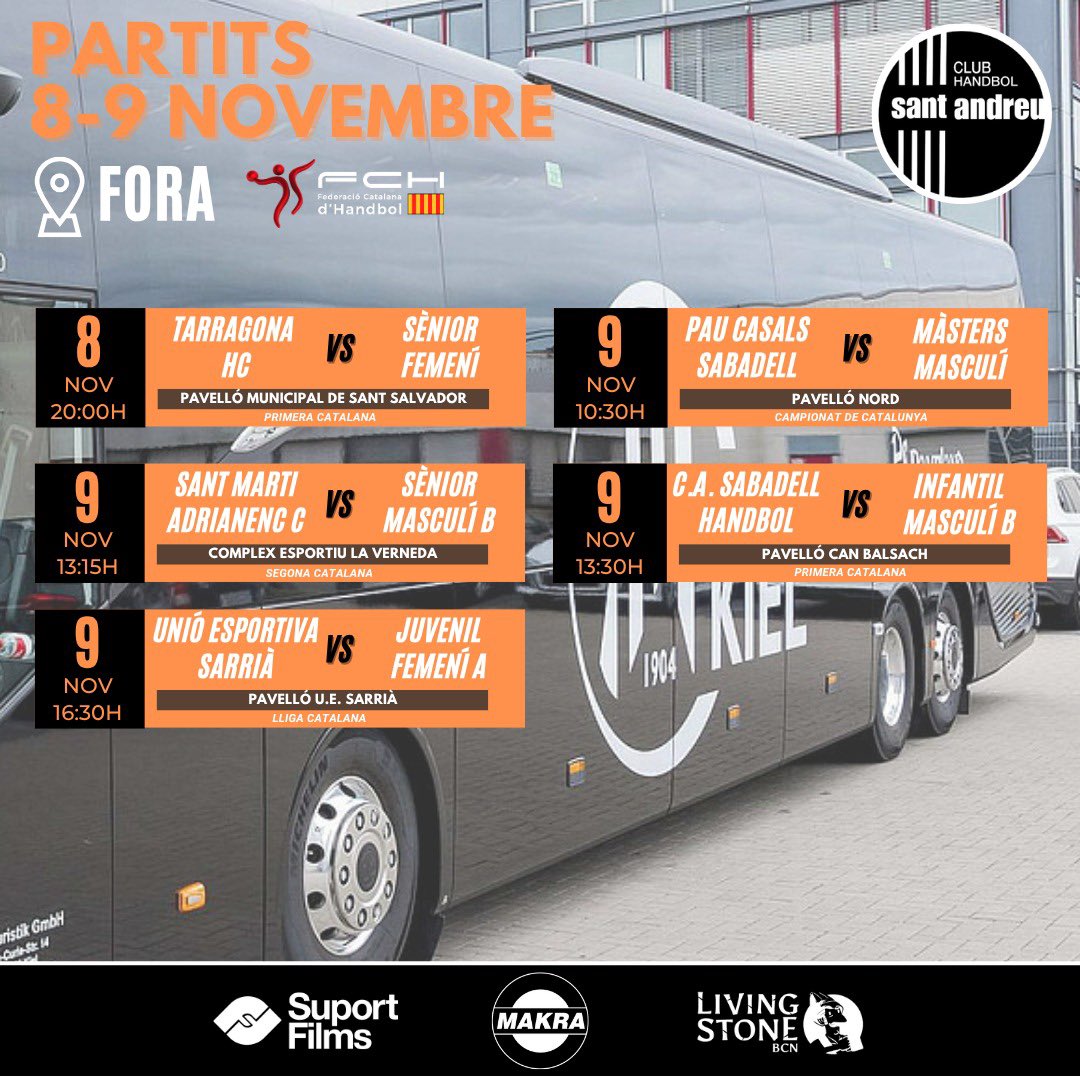 Horaris de FCH del cap de setmana del 8 i 9 de novembre! Força nois i noies!!🧡🖤🧡
#andreuencsgo #handbol #santandreu