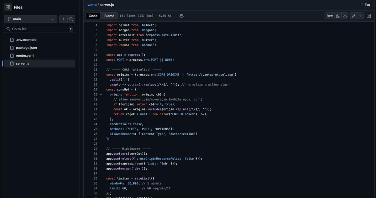 VantaProtocol's tweet photo. Locked & loaded π CORS β https://t.co/sTcxfalSS3, Helmet on, rate-limit 60 req/min. Vanta backend code is clean & live. #VantaProtocol #BuildInPublic https://t.co/6sSsZ8ghFb
