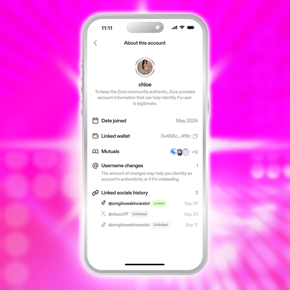 zora's tweet image. Update: Profiles now show the following

+ Date an account joined
+ Linked wallets
+ Username changes
+ Linked social history

Another step towards making Zora the most trusted place to trade creator markets.