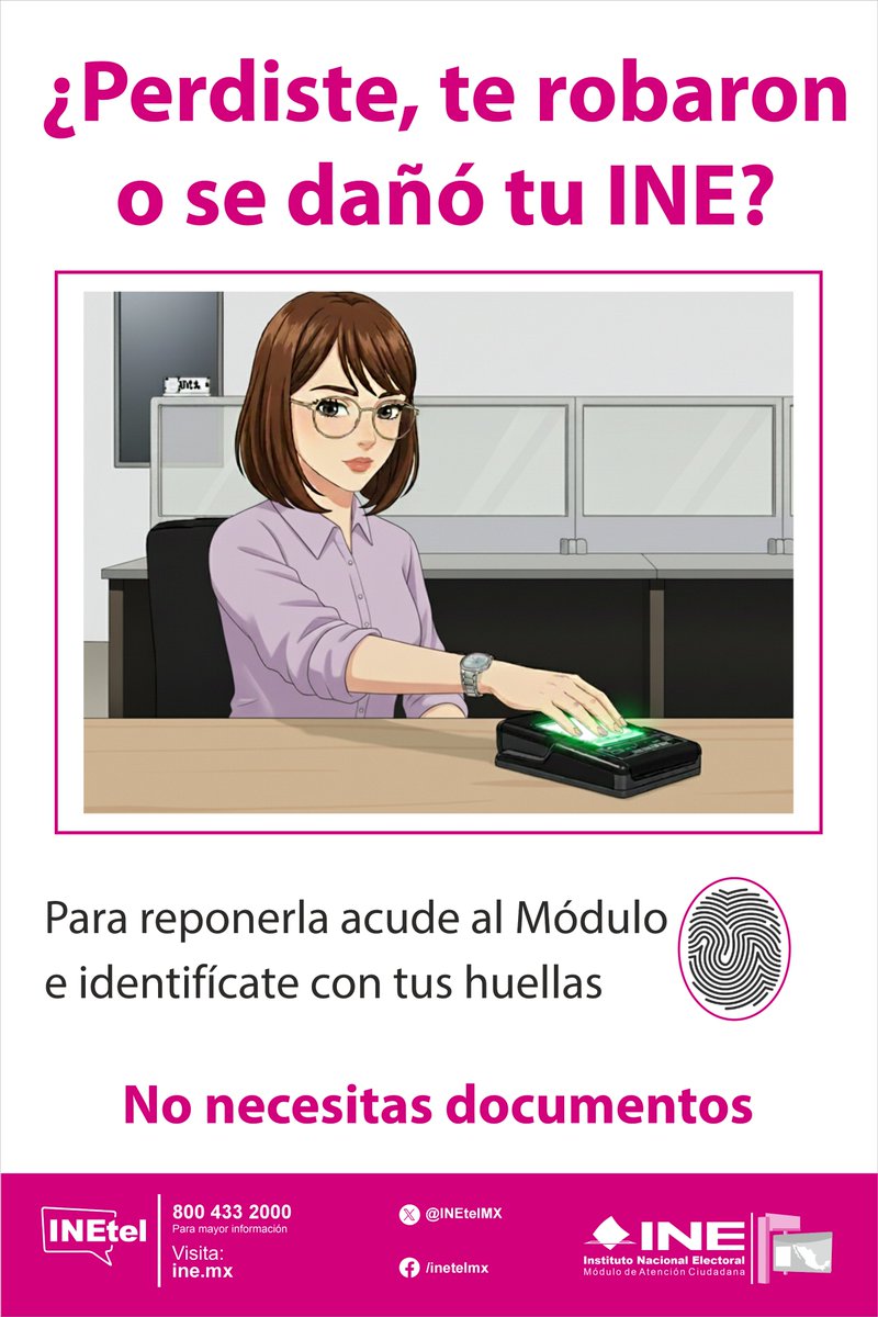 ¿Perdiste, te robaron o se dañó tu INE? 🪪
Solo acude al Módulo e identifícate con tus huellas.
👉 No necesitas documentos. INETEL 800 433 2000.