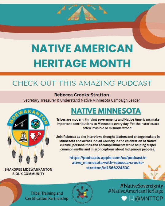 Want to learn more about Native Minnesota? Check out Native Minnesota with Rebecca Crooks-Stratton - Podcast.
podcasts.apple.com/us/podcast/nat…

#mnttcp
#NativeAmericanHeritage
#TribalCertification
#TrainingForChange
#BuildingPartnerships
#CulturalWisdom
#TogetherWeRise