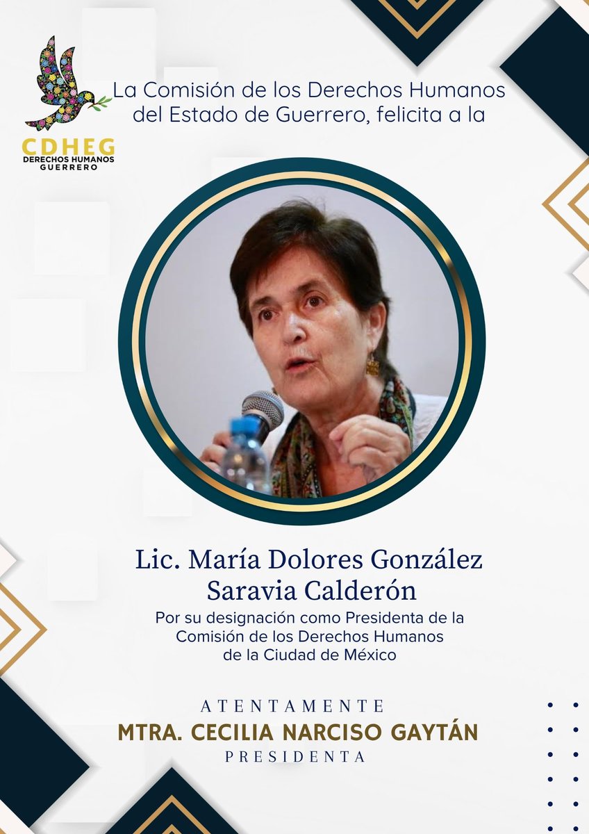 La <a href="/cdhegro/">Derechos Humanos Guerrero</a> a través de su Titular, la Mtra. Cecilia Narciso Gaytán, felicita a la Lic. María Dolores González Saravia Calderón por su designación como Presidenta de la <a href="/CDHCMX/">CDHCM</a> 

¡Enhorabuena!