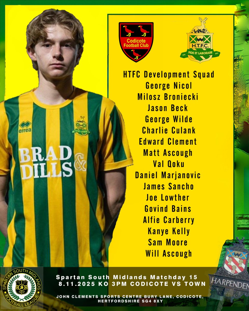 ᴍᴀᴛᴄʜ ᴅᴀʏ ꜰɪꜰᴛᴇᴇɴ

<a href="/FC_Codicote/">Codicote FC Est 1913</a> v Harpenden Town Dev

🕘 3PM kick-off
🏆<a href="/SpartanSMFL/">Spartan South Midlands</a> 
📍 Bury Lane, Codicote SG48XY 
🍺☕️Bar Open from 12:30 
🎟️Entrance £4 Concession/ Members £2, U16 Free