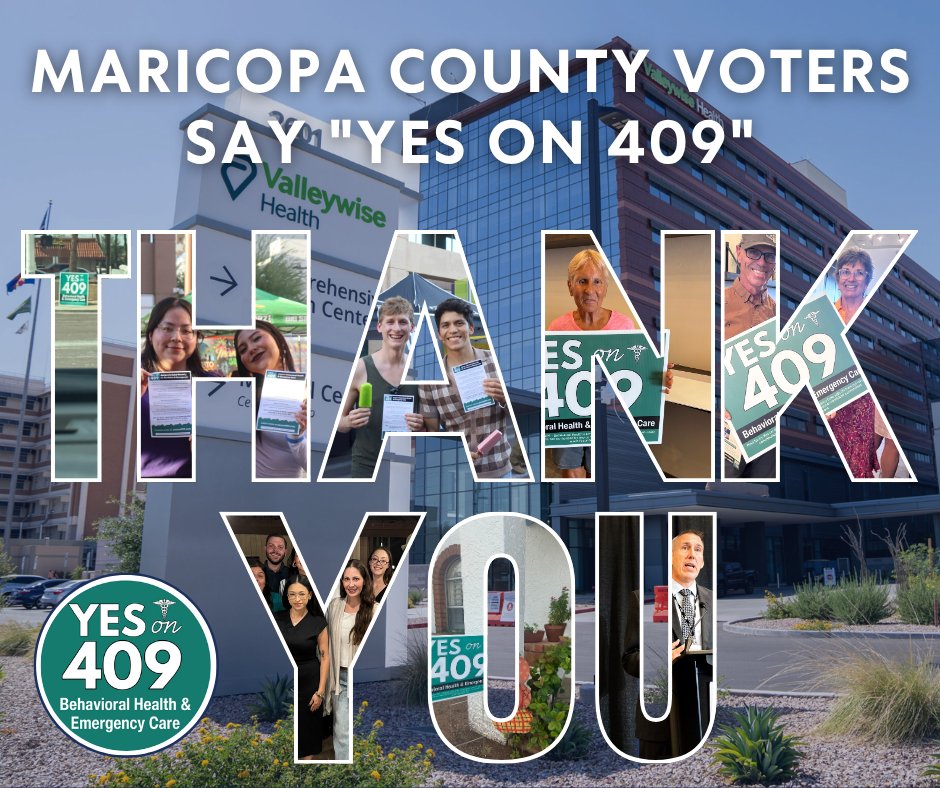 YesonProp409's tweet image. 👏👏 Maricopa County voters say "YES on 409"!

“Valleywise is thrilled to double the number of beds at this facility so we can serve people with court-ordered mental health evaluations,” said Timothy Louis, Chair of the “Yes on 409” campaign. “With a 169% growth of mental health…