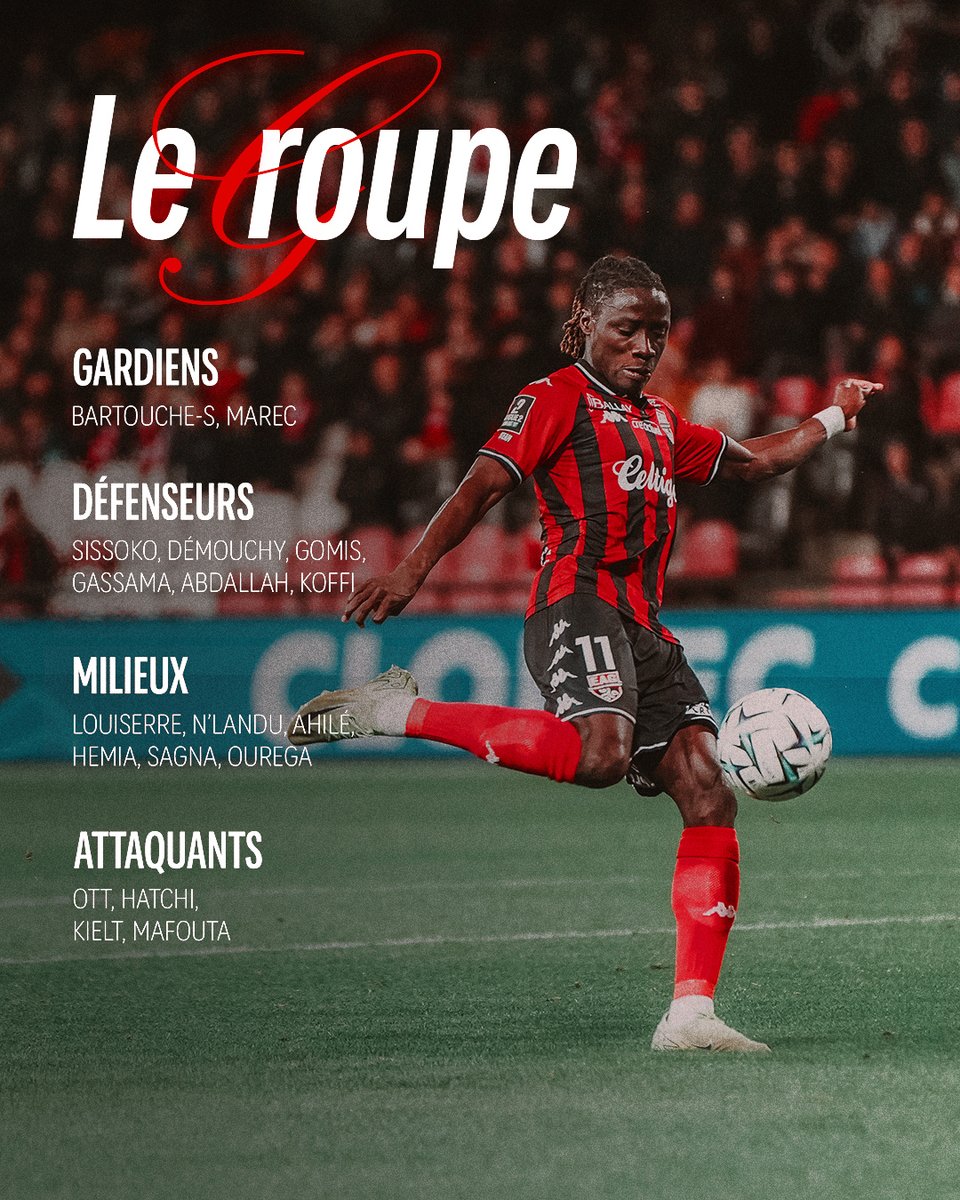 [#EAGPAUFC] 📋 𝗦𝘆𝗹𝘃𝗮𝗶𝗻 𝗥𝗶𝗽𝗼𝗹𝗹 a convoqué un groupe de 18 joueurs pour affronter Pau FC demain à Roudourou (14h).

#TeamEAG #WarRaok