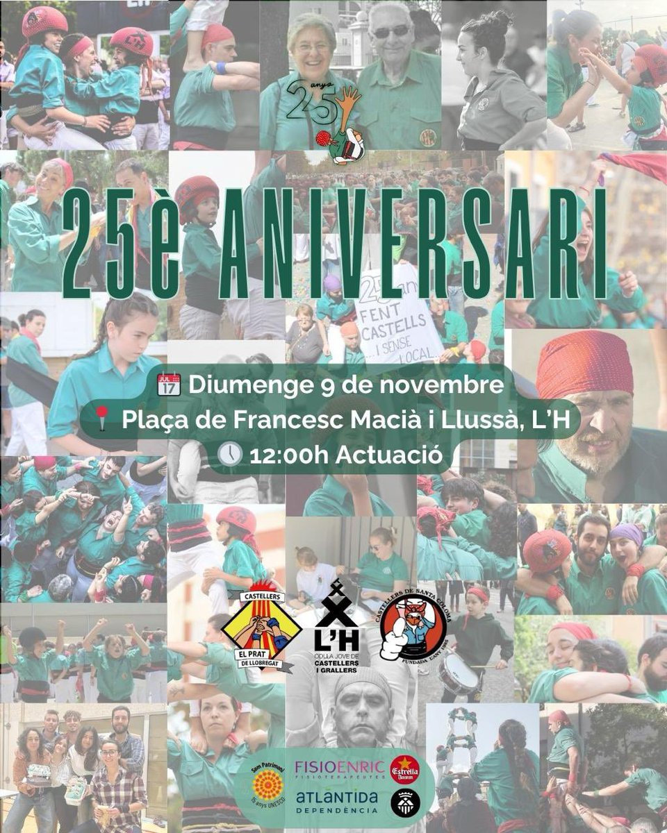 Aquest diumenge arriba, després de tota la tempora el nostre 25é Aniversari!! Heu compartirem amb dos grans colles amigues, els <a href="/CastellersPrat/">Castellers del Prat</a> i els <a href="/cdesantacoloma/">Castellers de Santa Coloma</a> Us esperem a la Plaça Francès Macià a les 12h, veniu a gaudir dels castells!! #25aniversariCJLH <a href="/lhdigitalh/">LHdigital</a>