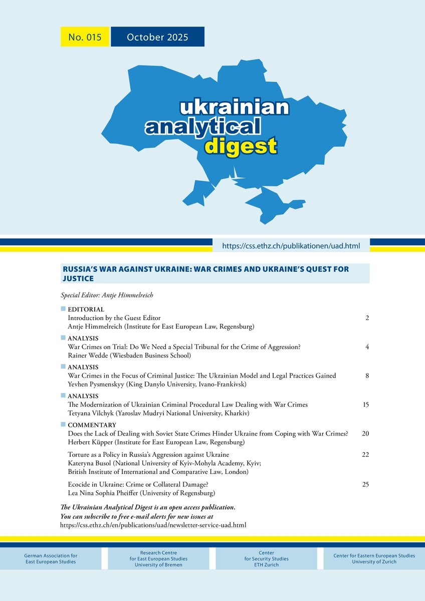 Die neue Ausgabe des Ukrainian Analytical Digest 15 beleuchtet #Kriegsverbrechen in #Russland|s Angriffskrieg gegen die 'Ukraine, Fragen der Strafverfolgung und des Völkerstrafrechts – mit Beiträgen aus dem Umfeld des <a href="/IOR_ostrecht/">Institut für Ostrecht</a>: css.ethz.ch/publikationen/…