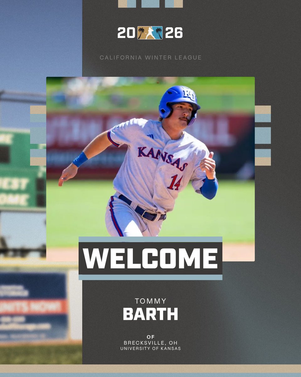 CalWinterLeague's tweet image. From East Tennessee State to the Kansas Jayhawks, @tommy_barth4 is now ready for the pros! ⚾️ He brought power and production to KU, and now he's chasing a contract at the CWL.

Welcome to Palm Springs, Tommy! 🌴

#CWL2026 | #ProsMadeHere