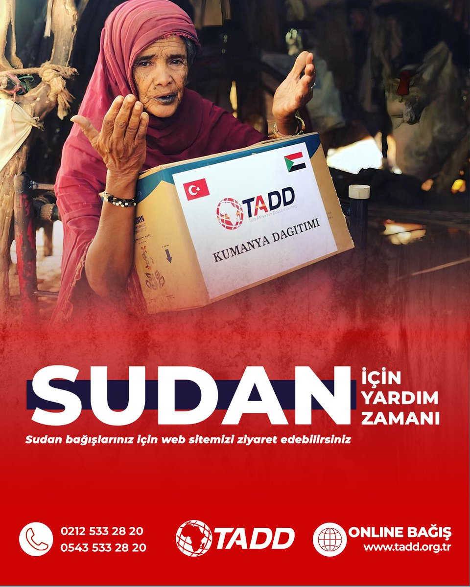 TADDAfrika's tweet image. Savaşın ortasında kalan Sudanlı kardeşlerimize acil yardım eli uzatmak için yola çıkıyoruz.  
Gıda, ilaç, hijyen ve temel yaşam malzemeleriyle destek olmak senin elinde.  

“Hepimizin iyilik yapmaya ihtiyacı var”

ONLINE BAĞIŞ için: tadd.org.tr