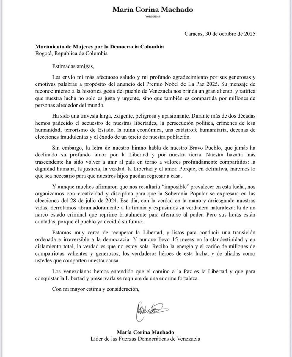 Leer las palabras de <a href="/MariaCorinaYA/">María Corina Machado</a> es recordar que la #libertad se defiende todos los días.
La historia de #Venezuela también inspira a #Colombia, y a todo un continente que cree en la fuerza de las mujeres, la verdad y la esperanza.
Que nunca dejemos de mirar hacia adelante con
