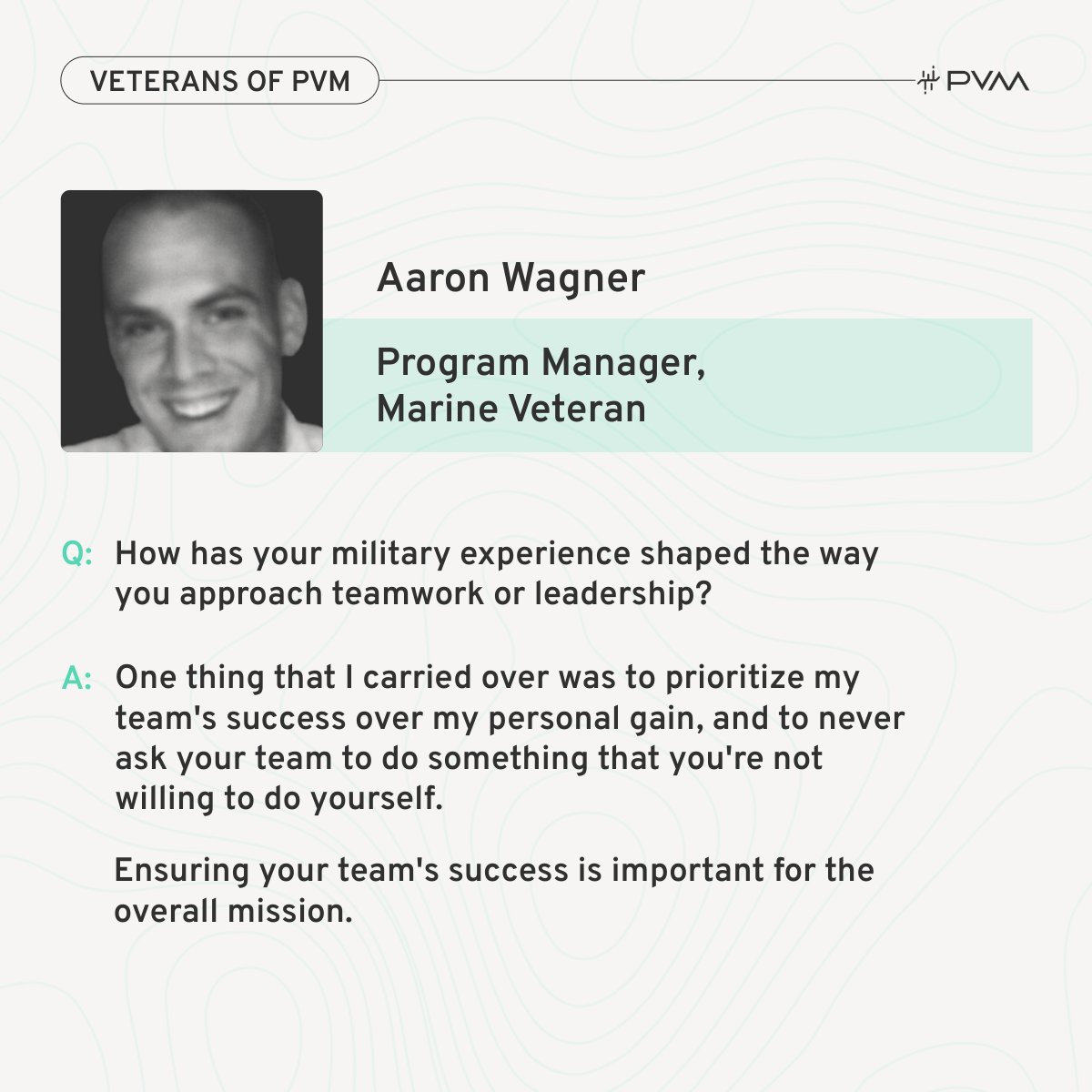 PVMGeeks's tweet image. Marine veteran and PVM Program Manager Aaron Wanger reflects on how his military experience continues to guide his leadership — putting people and mission first.

Learn more about PVM and our mission: bit.ly/3JLDCKB

#VeteranOwned #VeteranEmployment #Skillbridge #GovTech
