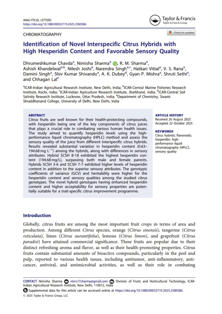 dhrumeshkumar01's tweet photo. The second research paper of my master's research 

Identification of Novel Interspecific Citrus Hybrids with High Hesperidin Content and Favorable Sensory Quality
#citrus #researcher #fruitscience #pomology #horticulture https://t.co/9yCbNIBPZA