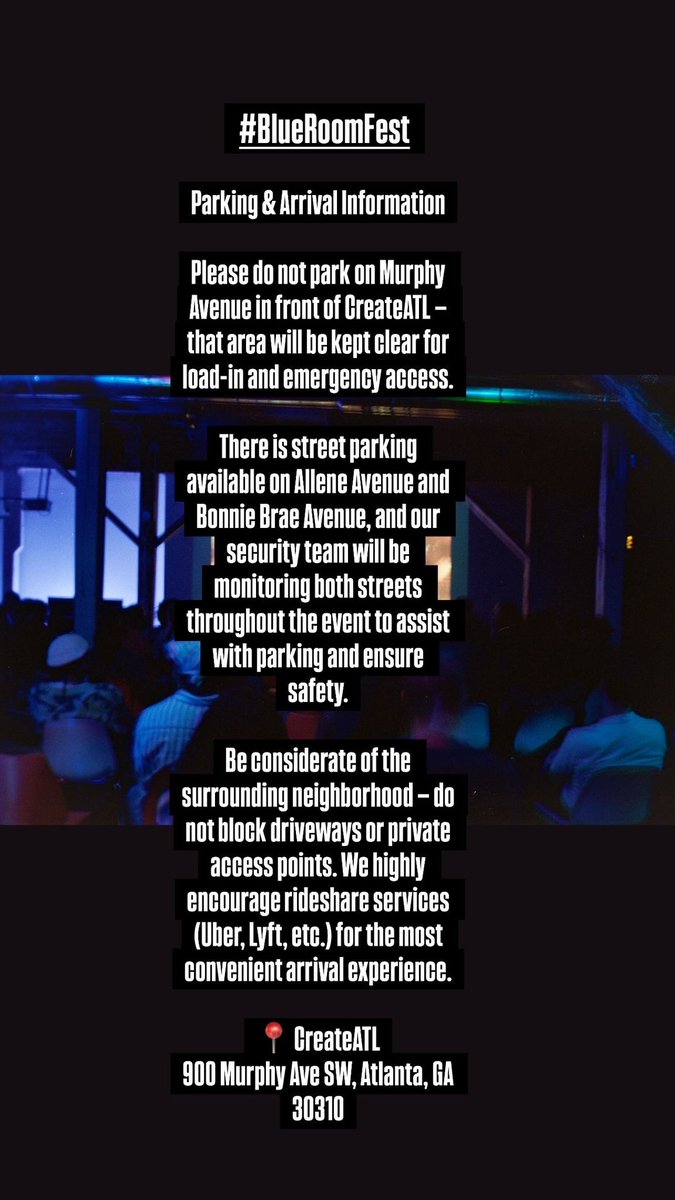 BigJocATL's tweet image. BLUE ROOM FEST - TONIGHT! 💙💙💙

Sounds By @ChasingCapital • @xanborghini • @ATLPromise 

7PM-12AM • Performances By @_giogenesis @nandimfnikole @autyhours @iamjadeforest @shegogg + More! 

Parking Instructions Attached. 

RSVP: posh.vip/e/blue-room-fe…
