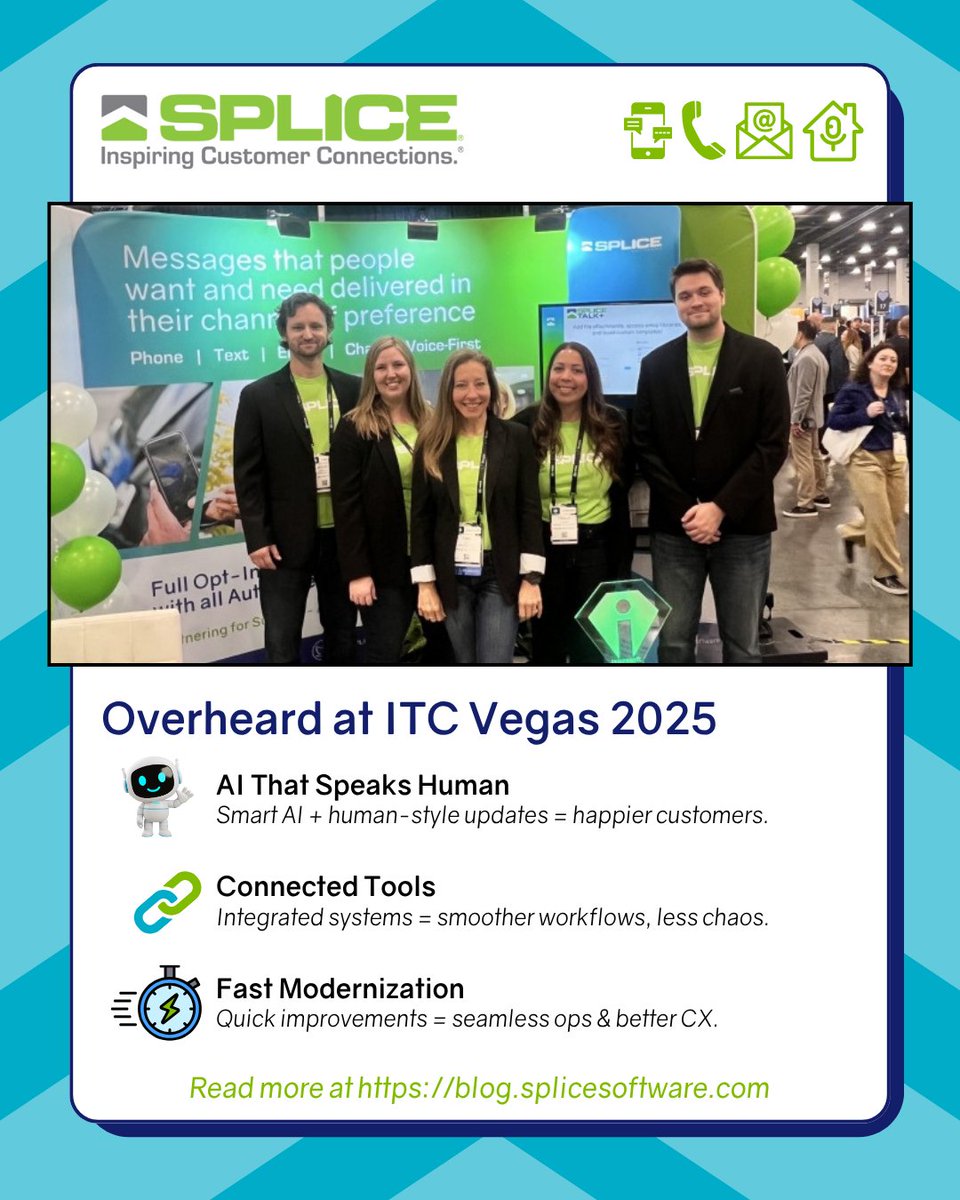 SPLICESoftware's tweet image. Read our full #ITCVegas2025 insights → hubs.la/Q03RYdW60   

AI 🤖 that talks, tools 🔗 that connect, modernization ⚡ at lightning speed. 

#ITCVegas #InsurTech #Insurance #InsuranceAgency #CustomerExperience #InsuranceInnovation #AgenticAI