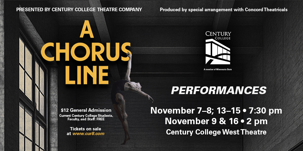 CenturyCollege's tweet image. ✨ One Singular Sensation ✨
Don’t miss A Chorus Line, running Nov 7–16 at Century College!
🎭 Tickets → cur8.com/14348/project/…

#AChorusLine #CenturyCollegeTheatre #MusicalMagic