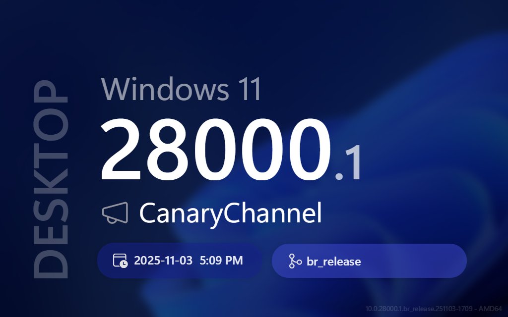 ProtoBuildBot's tweet image. 🔄 🖥  New DESKTOP update! 💍 CanaryChannel (AMD64)

➡️ Title:
Windows 11 Insider Preview 28000.1 (br_release)

📣 Build Lab Extended:
10.0.28000.1 (br_release.251103-1709)